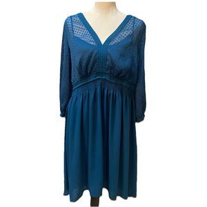 HD in Paris Anthropologie Teal Swiss Dot Dress Sz 12 V-Neck Boho Romantic Sheer